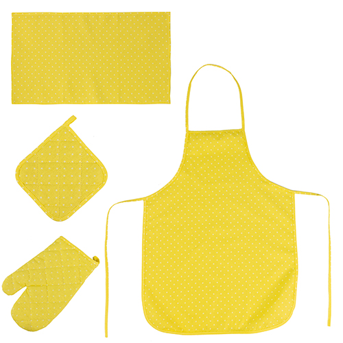 Набор для кухни "Ассорти" 4 предмета (рукавичка-прихватка 30х17, прихватка 18х18, полотенце 35х60, фартук 55х72), рогожка, 100 % хлопок, "Горошек желтый"