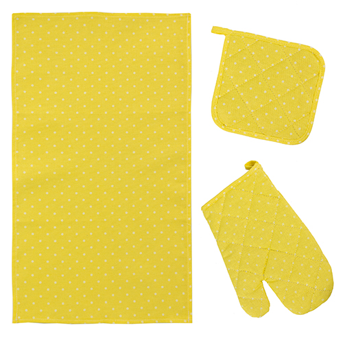 Набор для кухни "Ассорти" 3 предмета (рукавичка-прихватка 30х17, прихватка 18х18, полотенце 35х60), рогожка, 100 % хлопок, "Горошек желтый"